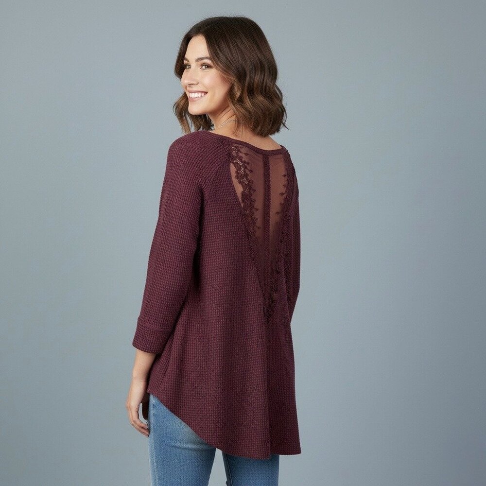 Free People Waffle Knit Tunic Top • Oversized 3/4 Sleeve Thermal Cozy Boho - Picture 6 of 14